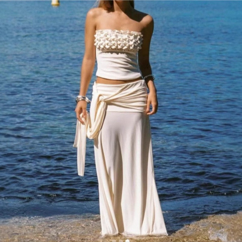 Cream Ruched Bandeau Two-Piece Set