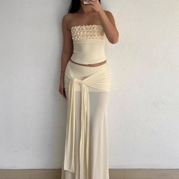 Cream Ruched Bandeau Two-Piece Set