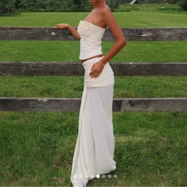 Cream Ruched Bandeau Two-Piece Set