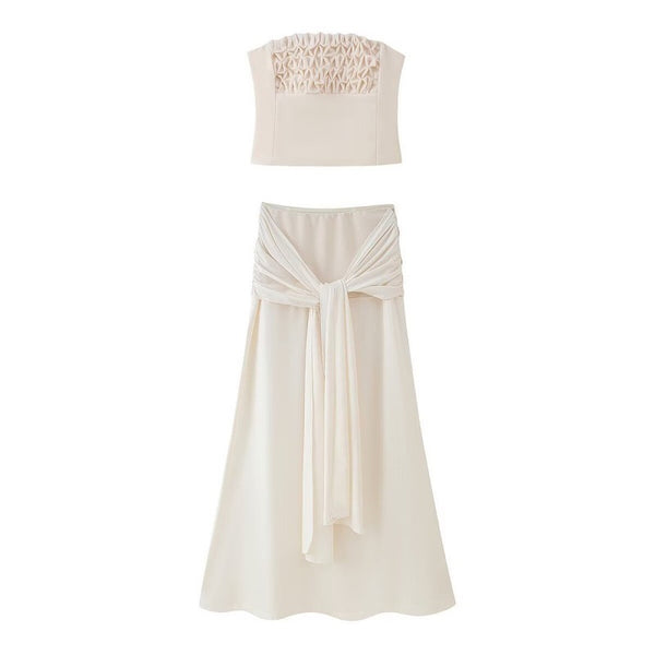 Cream Ruched Bandeau Two-Piece Set