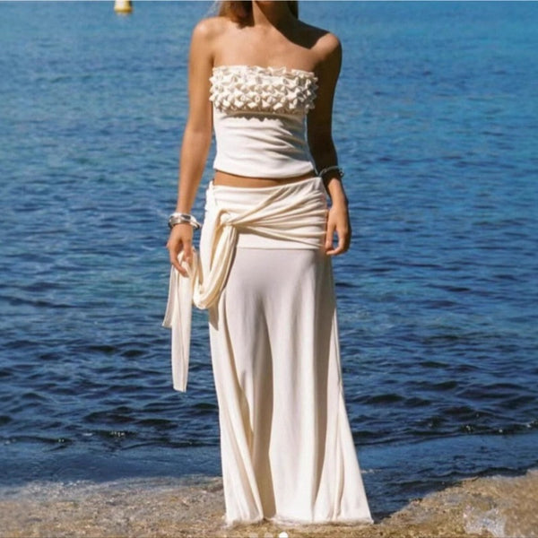 Cream Ruched Bandeau Two-Piece Set